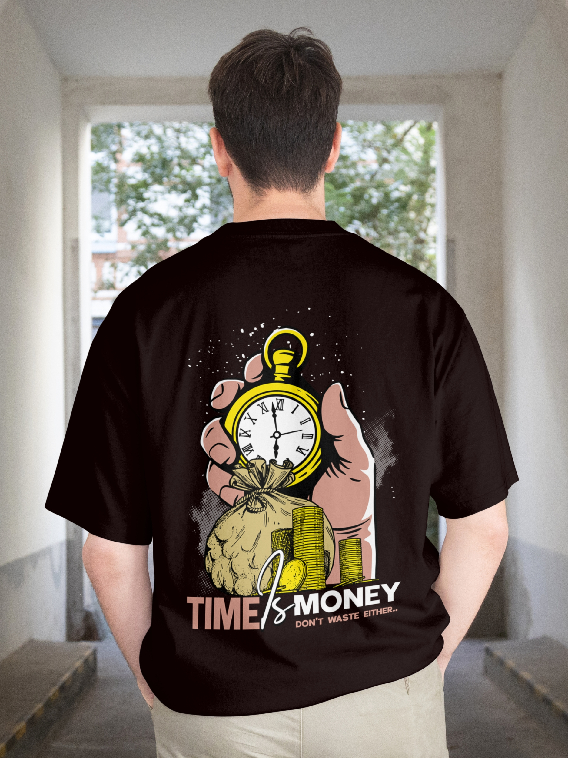 Oversized Black T-Shirt for Men with "Time is Money"